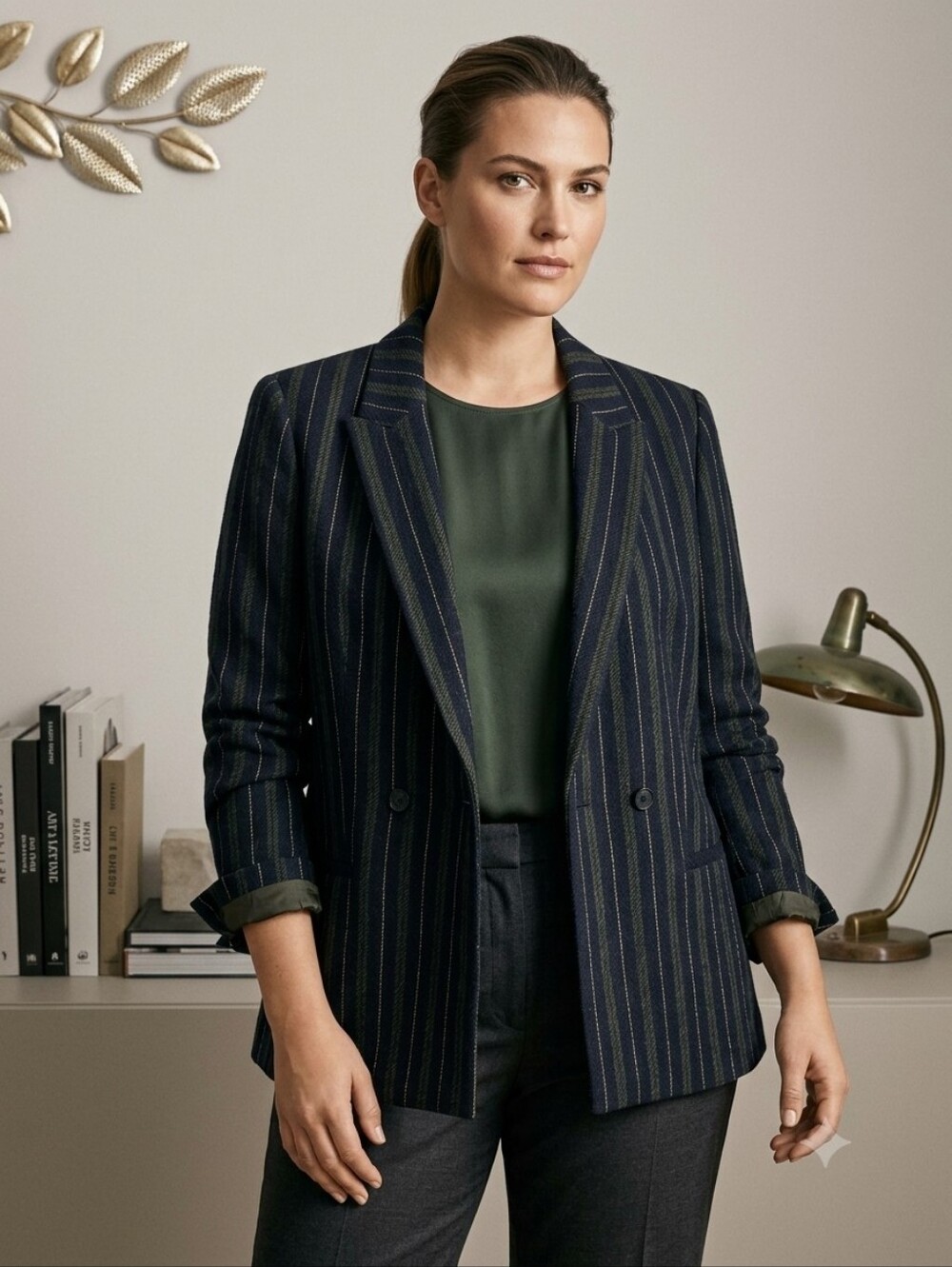 Massimo Dutti Wool Navy Pinstripe Blazer with Subtle Green Stripes Size 6